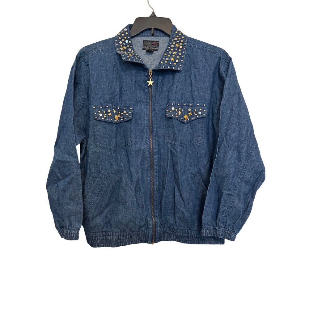 Vintage Mureli Denim Jacket Womens M Blue Gold Star Embellished Collar & Pocket